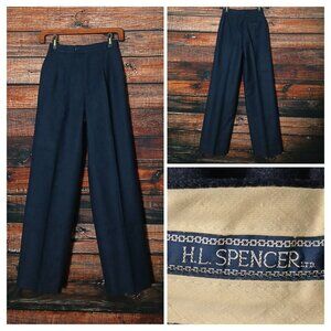 H.L. Spencer Vintage Wool Pants High Rise Pleat Front Wide Leg Navy Blue 23X28